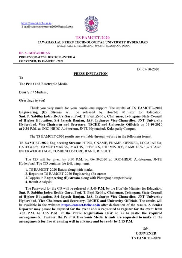 TS EAMCET-2020 Engg Stream Resluts Release on 06102020 at 3